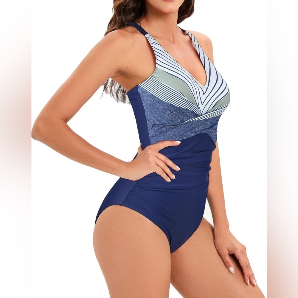 Elegant classic shades of blue cross front 
Ruched sides bathing suit
NWOT